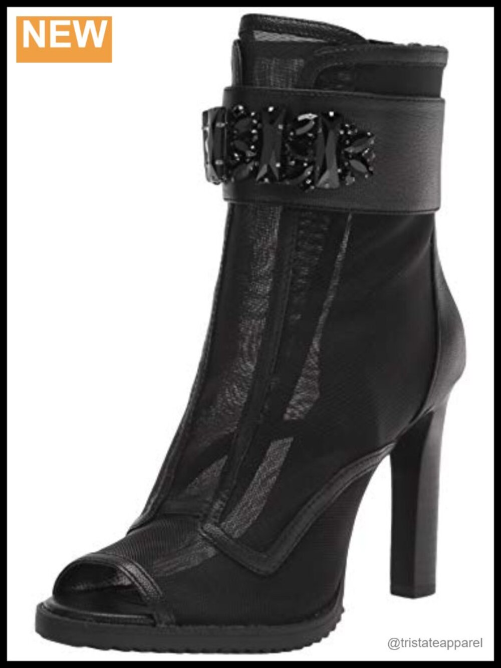 Peep Toe Heeled Bootie with Jewel Embellishment, Zip Closure, Ankle Boot